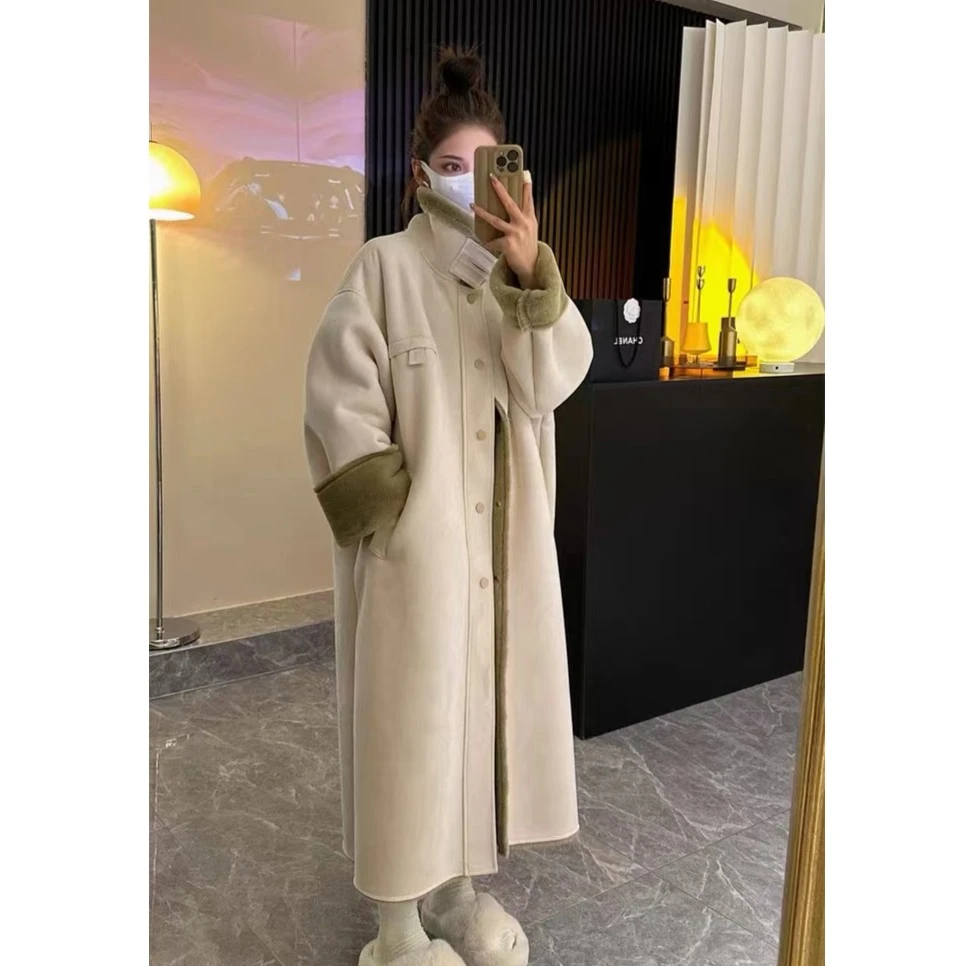 9957冬季新款韩版时尚加绒加厚长款皮毛一体外套保暖大衣女