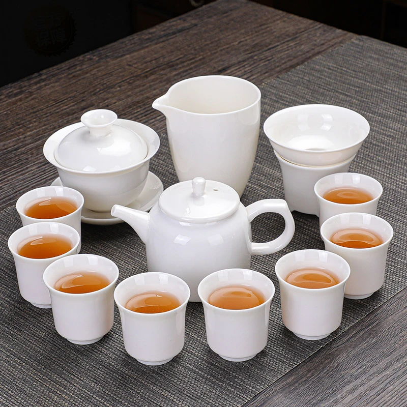 德化羊脂玉瓷功夫茶具一整套中式描金盖碗高档三才盖碗茶具泡茶
