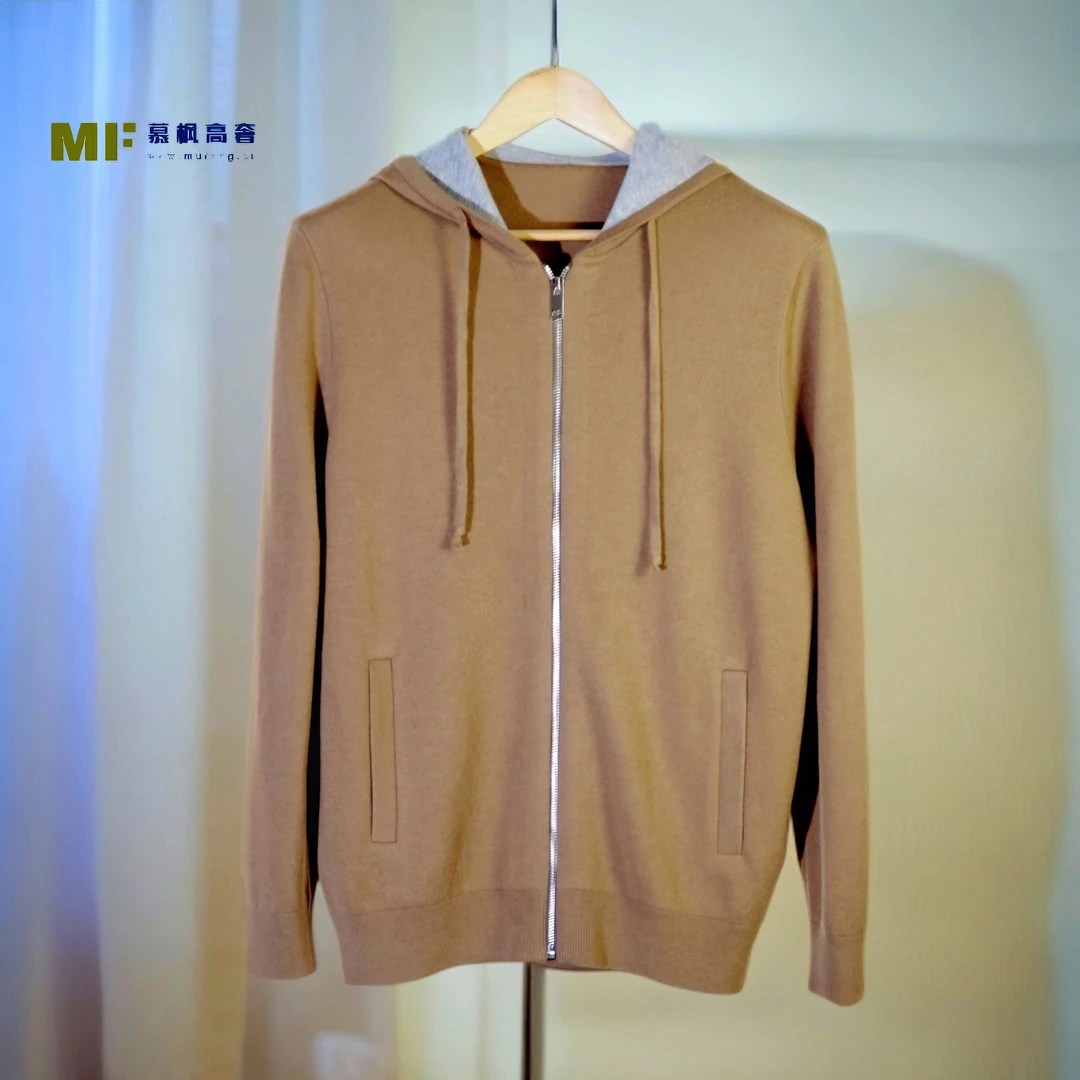 24*秋冬轻奢重磅高克重100%精纺绵羊毛男士针织连帽开衫外套2401