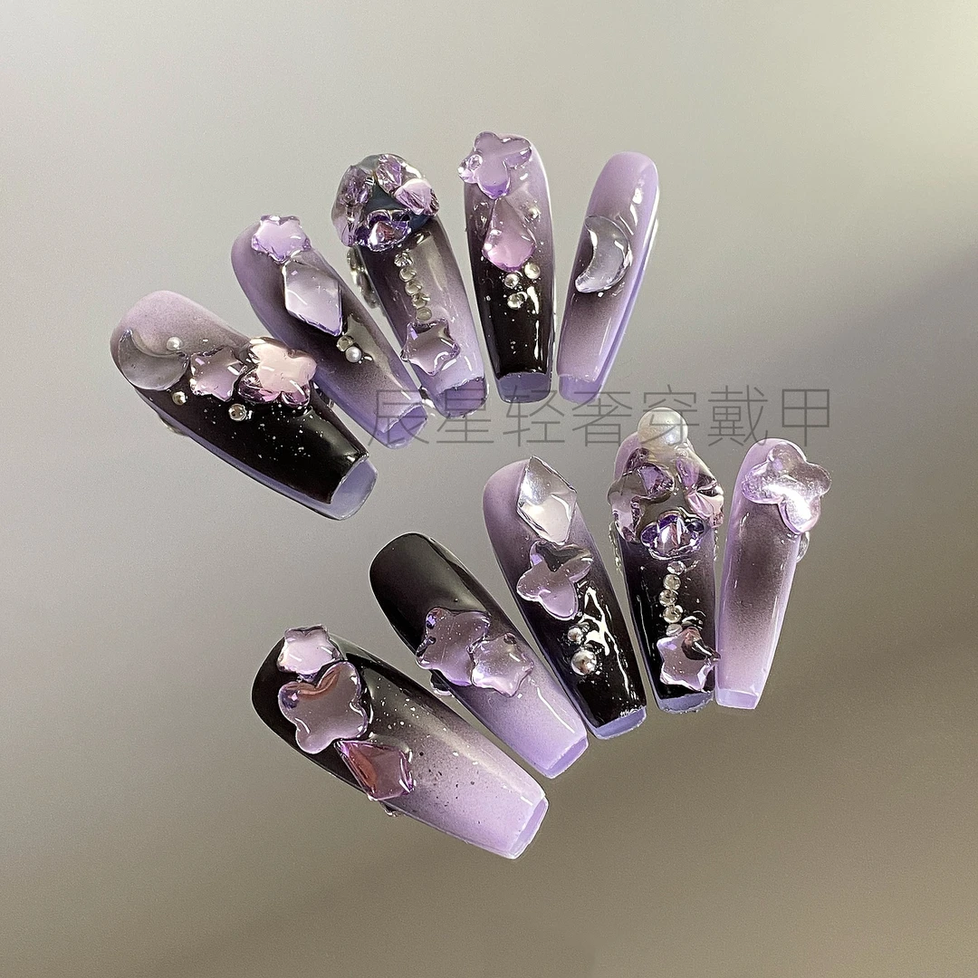 【酷酷紫】黑紫色穿戴甲欧美穿戴甲长款穿戴甲手工穿戴甲重工穿戴甲