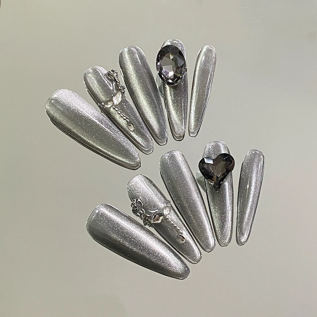 【黑灰银】4厘米细狗水滴穿戴甲高级风手工穿戴甲长款穿戴甲