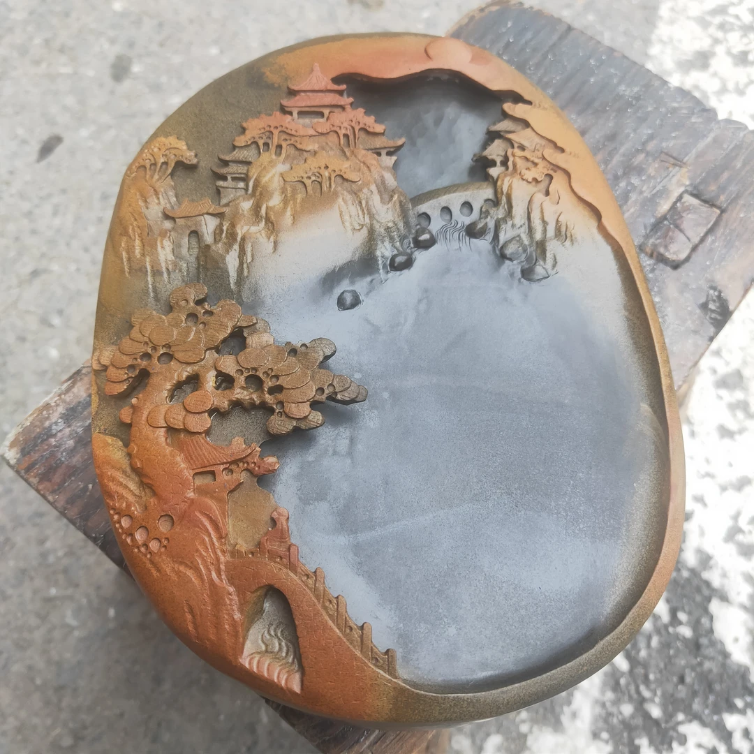 歙砚修水石金皮籽料山水送礼观赏砚台
