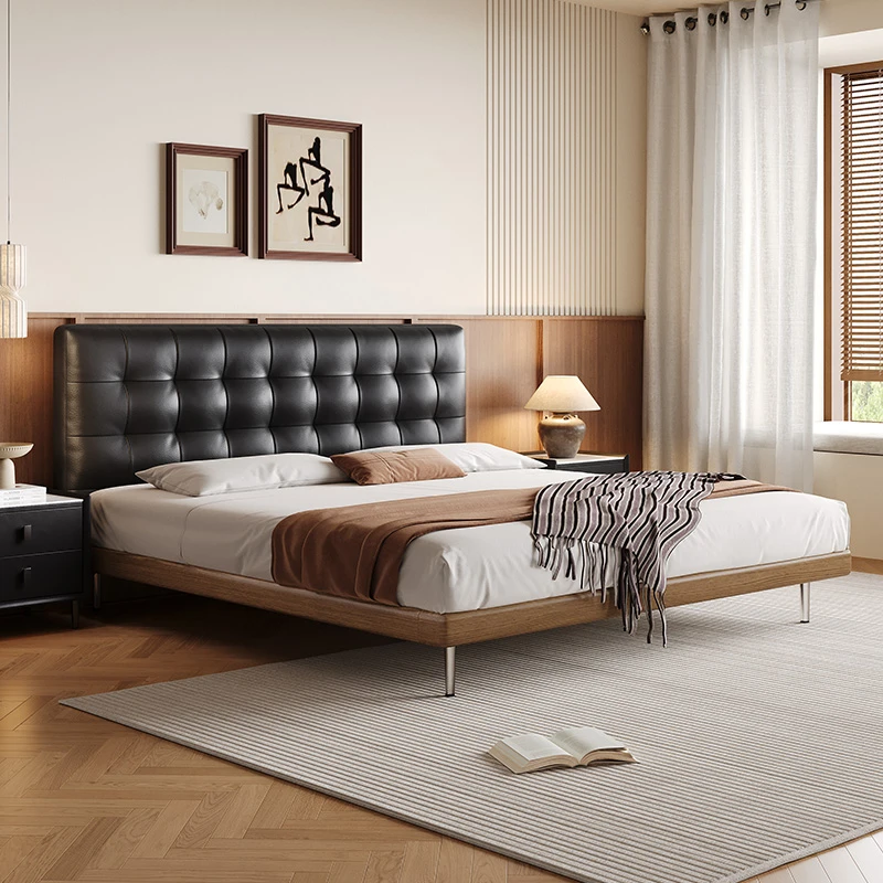 华夫格床真皮床风1.8米简约主卧意式极简复古风双人床婚床