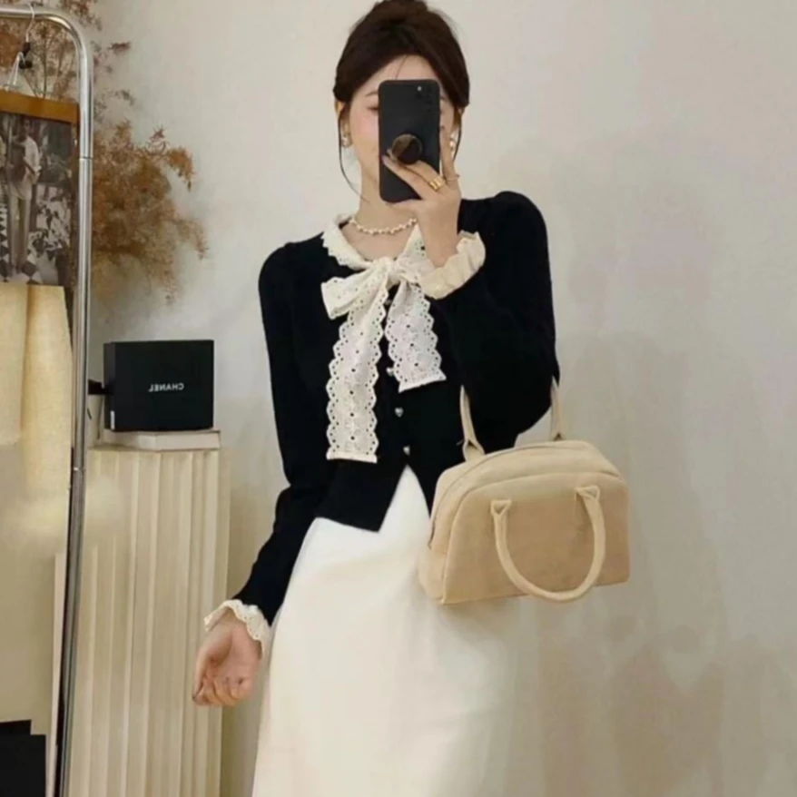 【清仓】名媛法式蕾丝花边蝴蝶结针织衫上衣春季百搭打底气质开衫女