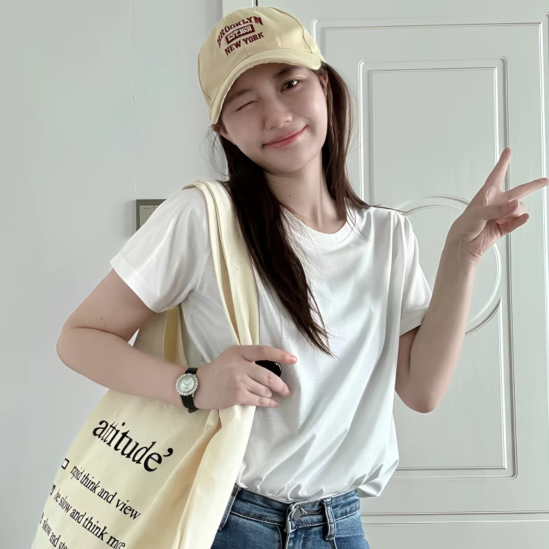 ins韩版纯色百搭夏季宽松纯色T恤圆领显瘦运动时尚休闲薄款简约版