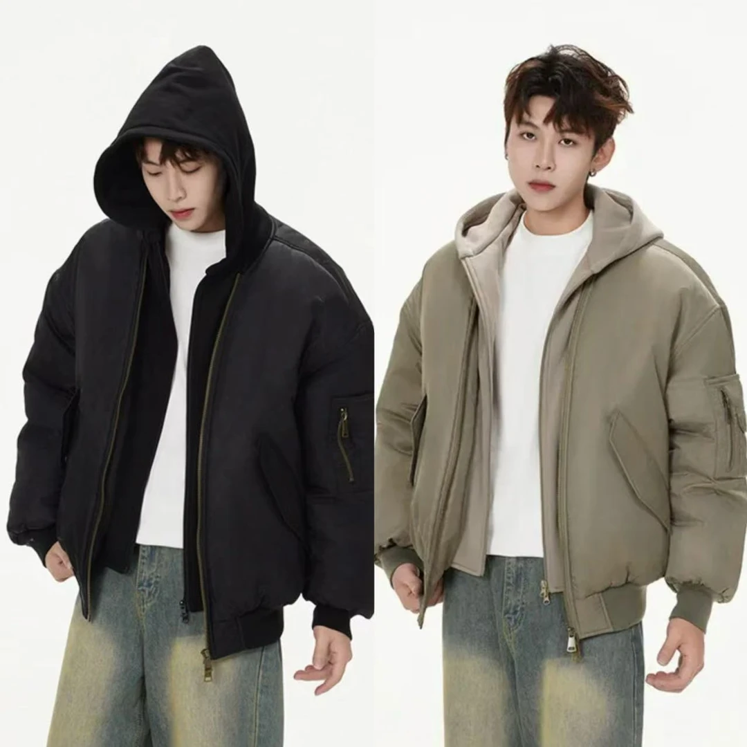 西几同款 新款美式复古美拉德假两件连帽棉服宽松百搭休闲棉衣