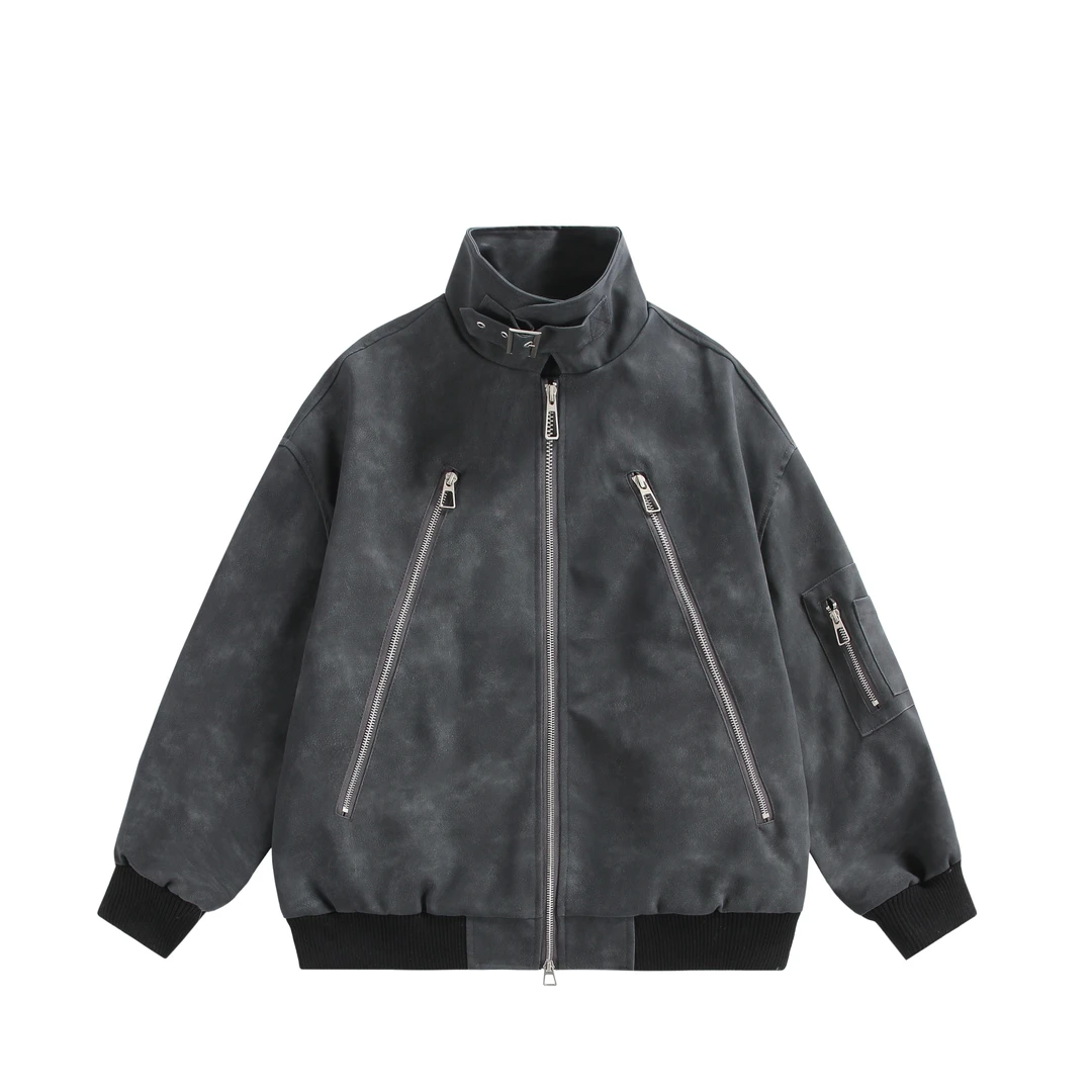 西几同款 新款立领做旧皮夹克美式潮流宽松休闲皮衣百搭痞帅外套