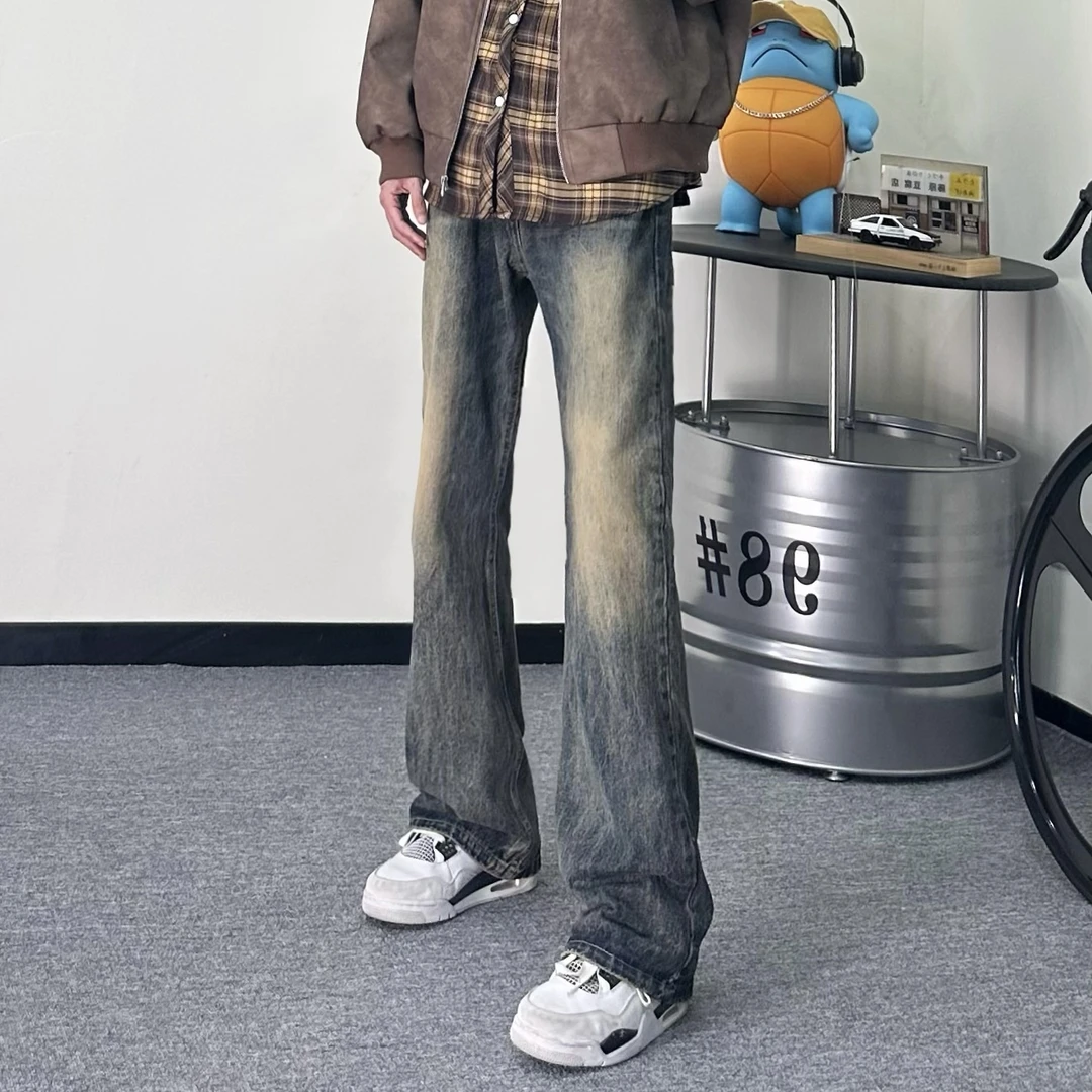 西几同款 新款美式复古做旧水洗微喇牛仔裤宽松潮流显高显瘦裤子