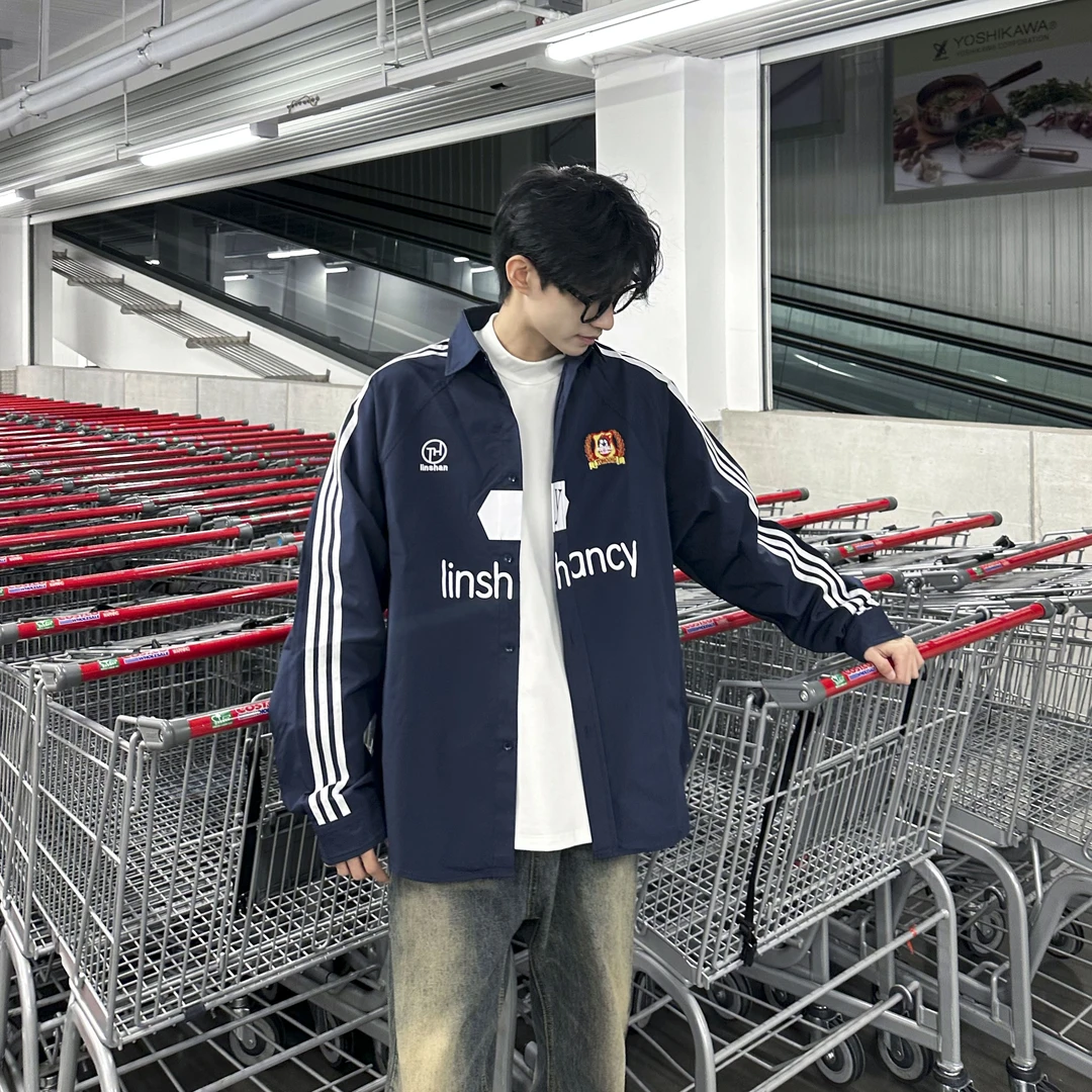 西几同款 新款条纹三条杠潮牌联名宽松百搭衬衫外胎夹克休闲上衣