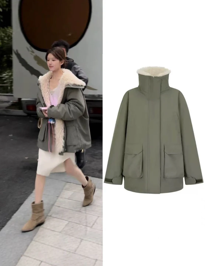 赵露思同款24新款妲己毛绒拼接派克服女中长款冲锋衣工装棉服外套