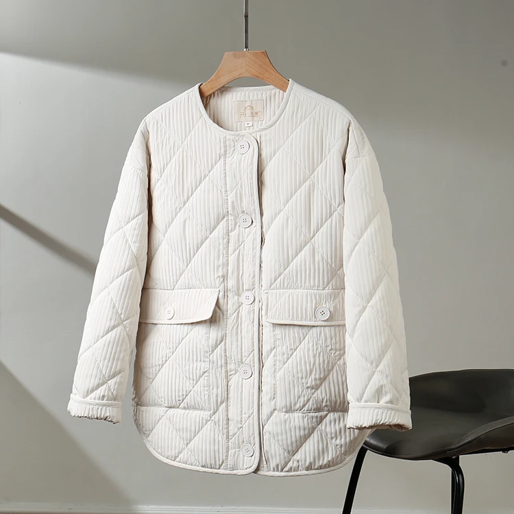 2023新款宽松休闲圆领菱形格加厚棉服女冬季中长款棉衣外套