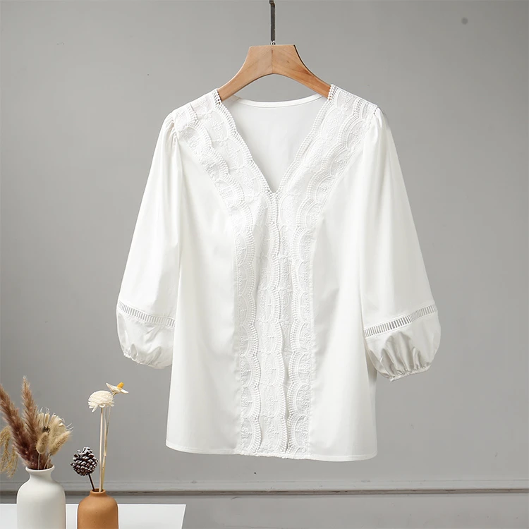 2025夏装女装法式重工刺绣花边V领白色泡泡袖衬衫女显瘦上衣衬衣