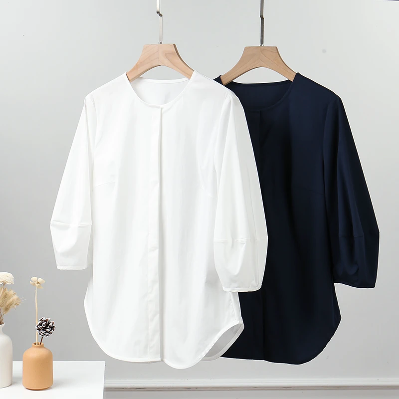 欧洲站春夏装新款圆领羊蹄袖七分袖修身显瘦棉锦衬衫女纯色白衬衣