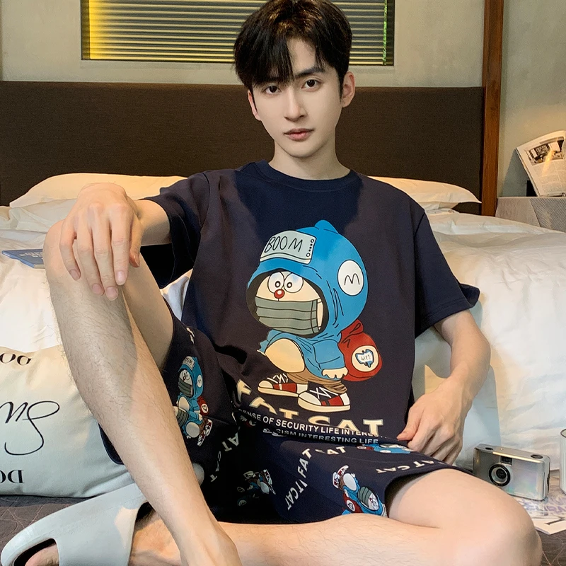 男夏季纯棉短袖薄款睡衣加大码卡通青少年学生全棉男士家居服套装