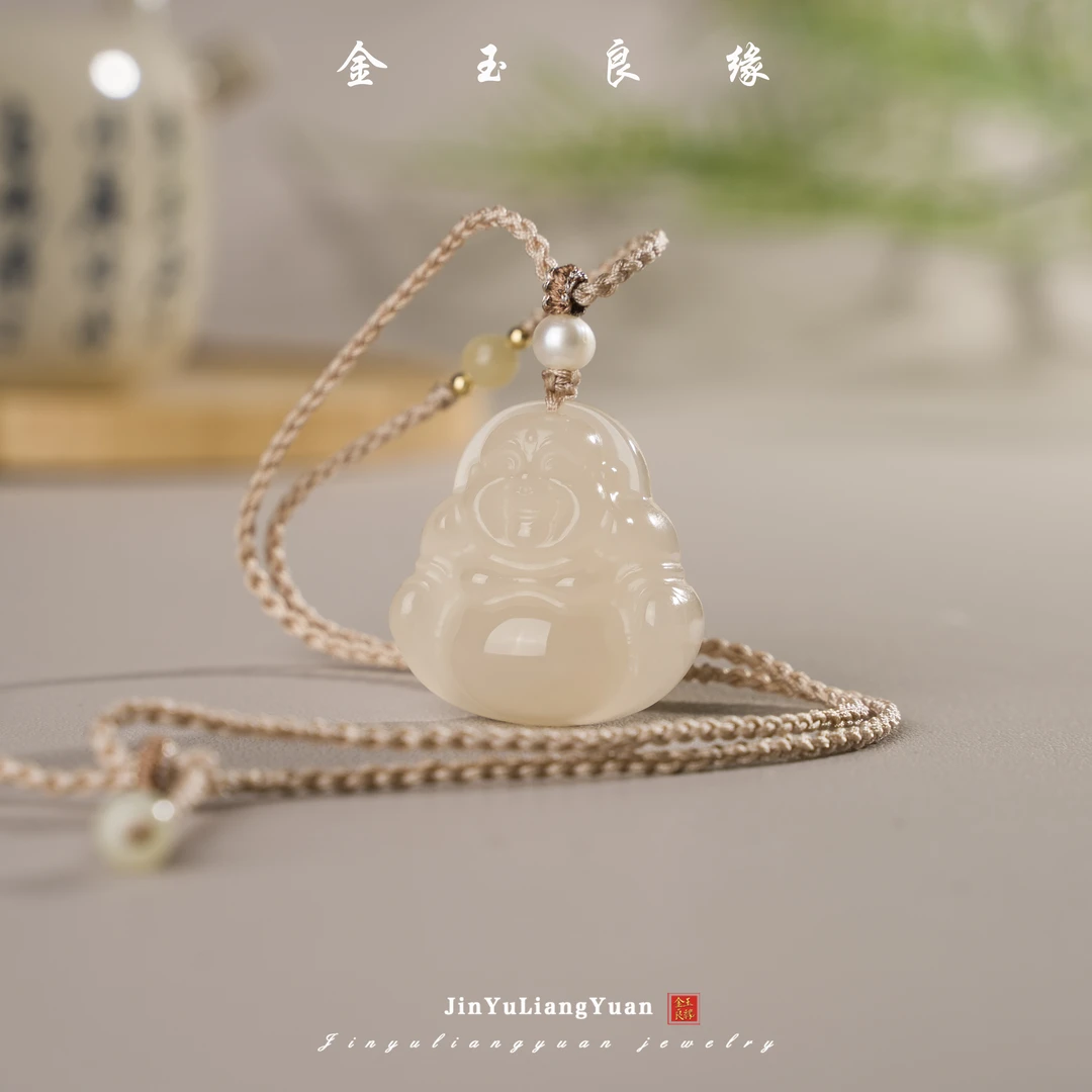 金玉良缘淡水珍珠 天然和田玉藕粉大肚弥勒佛吊坠