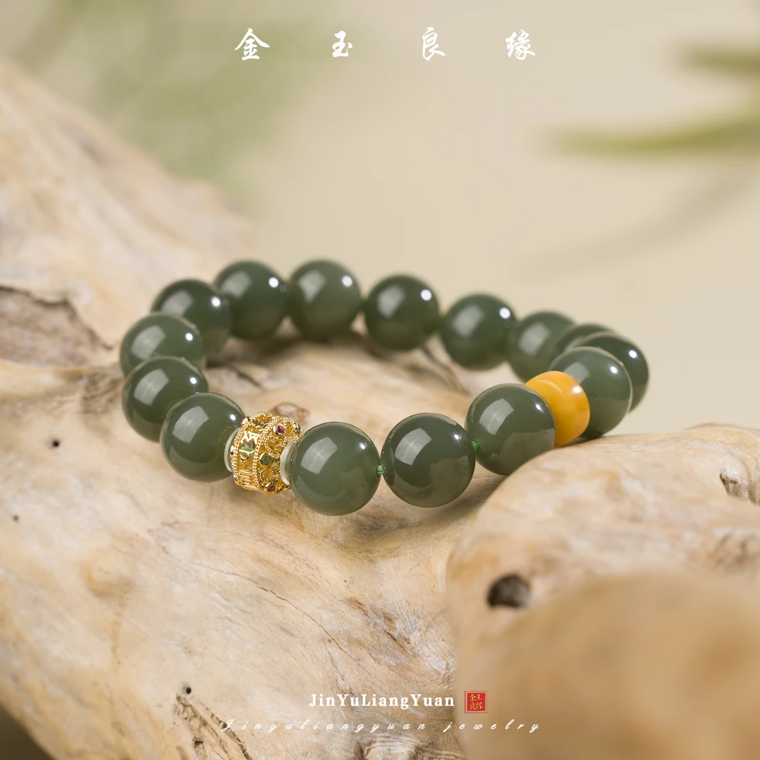 金玉良缘 【央广】天然湖水绿和田玉大尺寸单圈玉手串