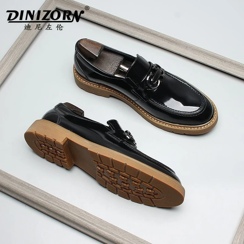 迪尼左伦新款进口纯手工擦色厚底商务真皮亮面一脚蹬豆豆乐福皮鞋