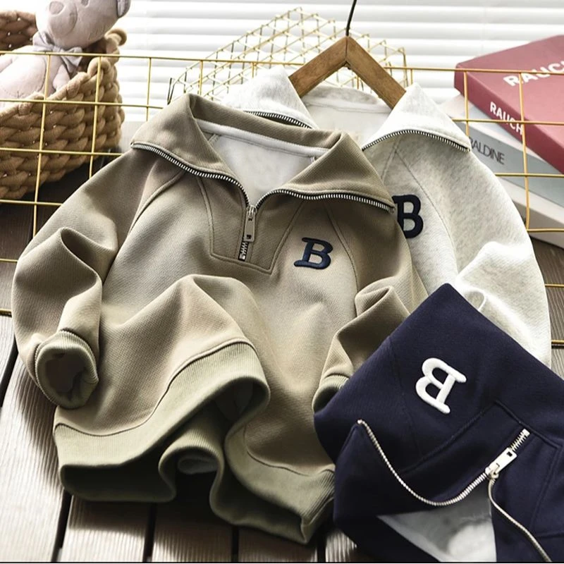 儿童卫衣2024新款儿童翻领套头上衣春秋款中大童半拉链卫衣