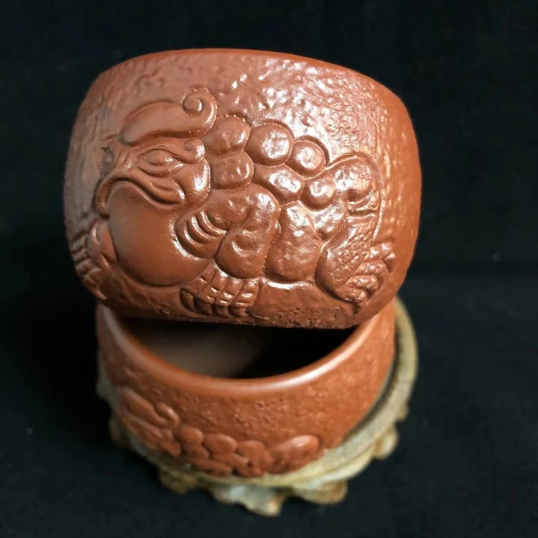 宜兴朱泥小红泥紫砂主人杯2只茶杯手工雕刻纯手工对杯手工品茶道