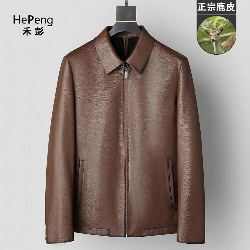男士高档新西兰鹿皮商务休闲时尚修身春秋薄款翻领短款夹克外套