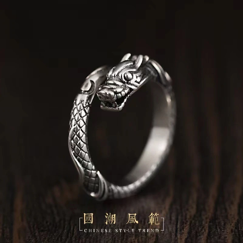 复古龙腾盛世中国龙戒指个性嘻哈做旧霸气潮流泰银开口龙戒指手饰