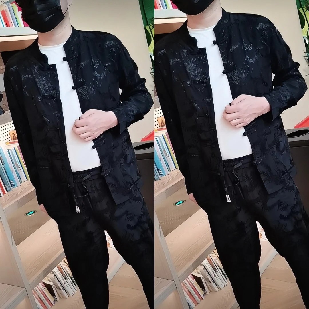 男士春夏新款中国风图腾唐装修身套装气质男人复古龙图两件套