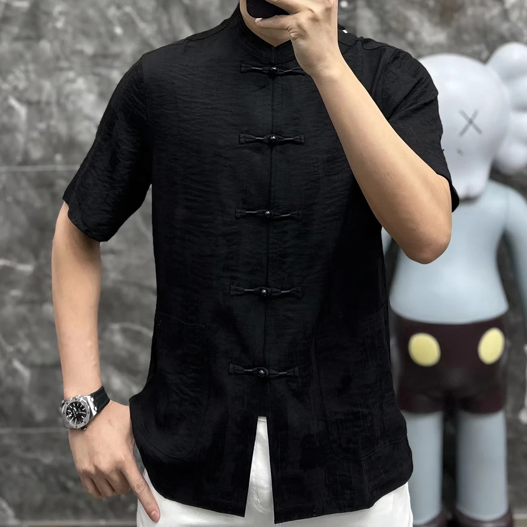 男士新款舒适时尚休闲百搭帅气中国风复古中式夏季宽松中年短袖