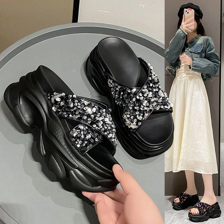 网红增高松糕厚底高跟拖鞋女2024春夏新款亮片外穿时尚仙女风ins