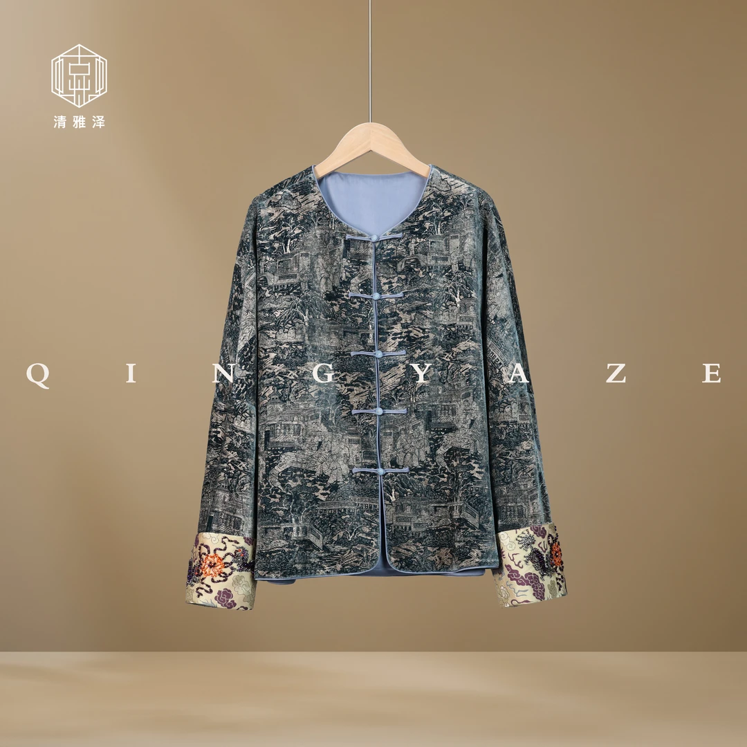 江南烟雨中！真丝丝绒烫金新中式上衣！GZ4840