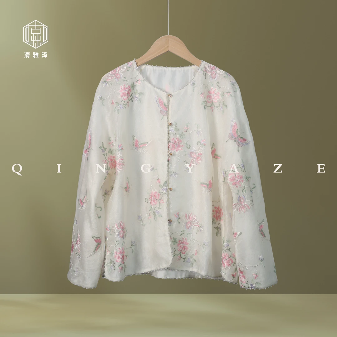 仙仙粉蝶！桑蚕丝重工刺绣新中式上衣！GZ4326