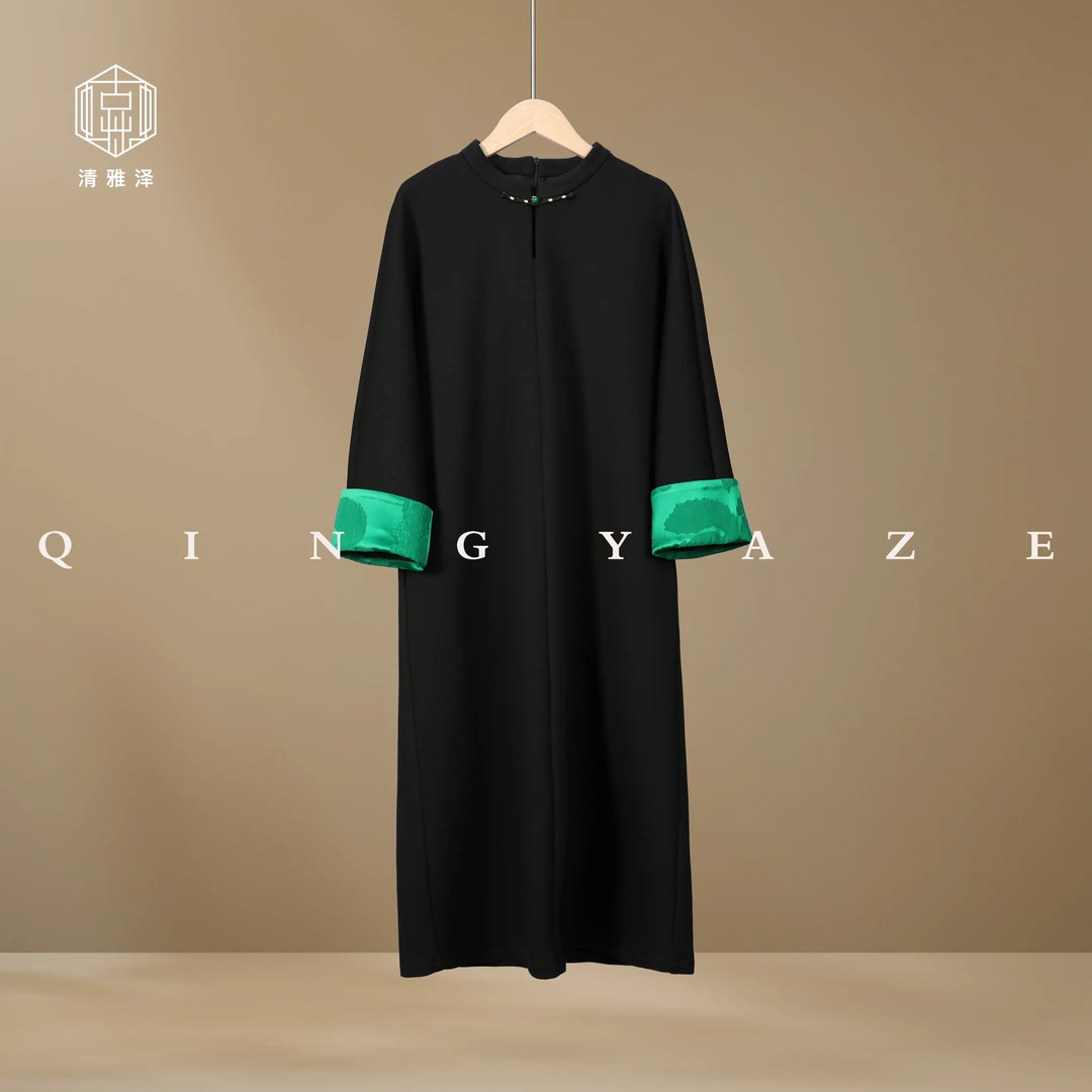 绿松裙！定制小黑裙手袖撞色连衣裙！GZ4783