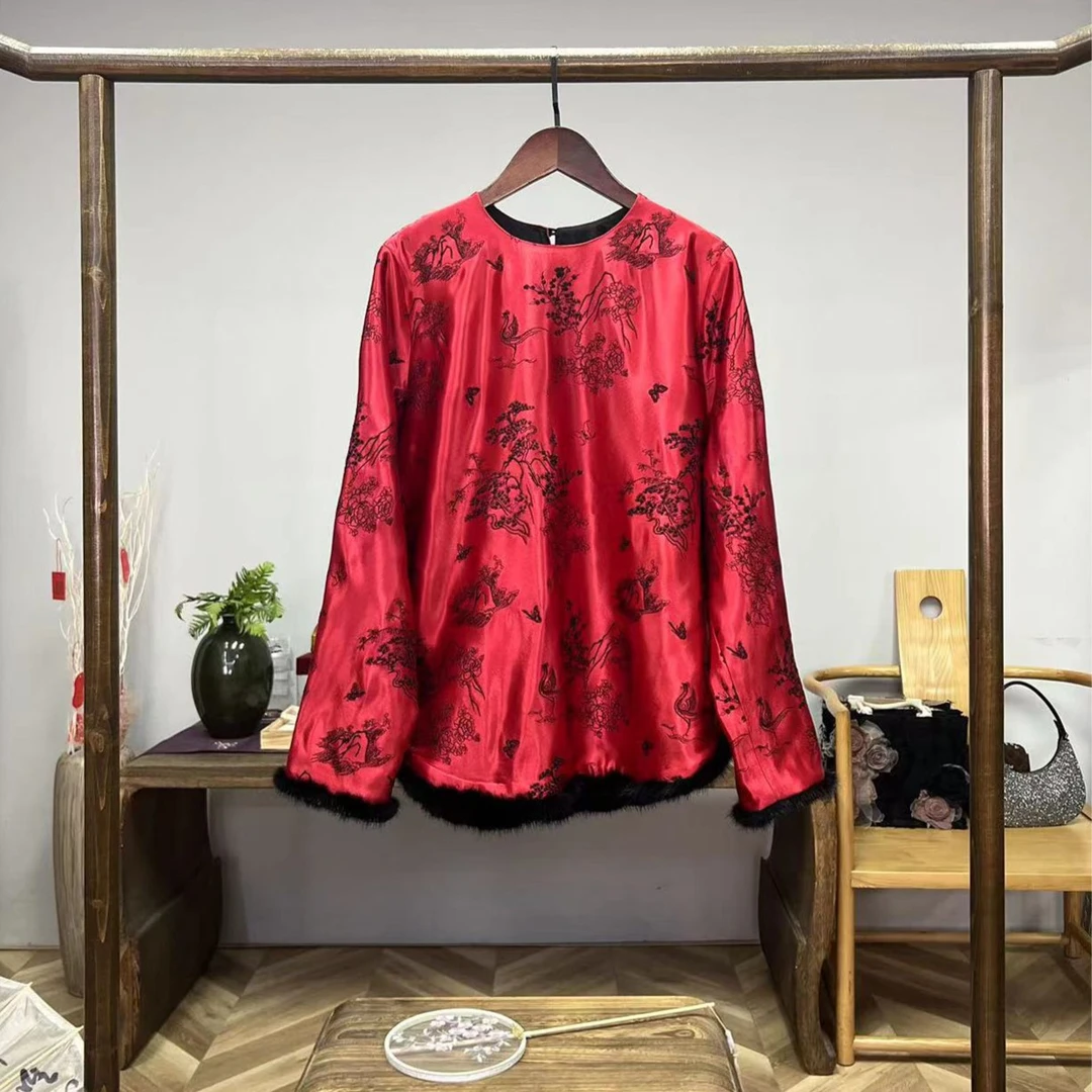 斯佳丽红！水光缎醋酸刺绣国风衬衣！GZ3419