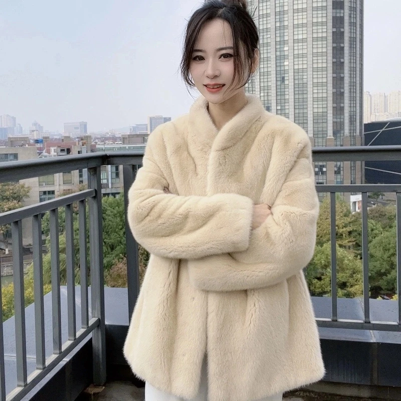 影小姐2024新款进口天鹅绒水貂毛小立领冬季外套整貂貂皮大衣
