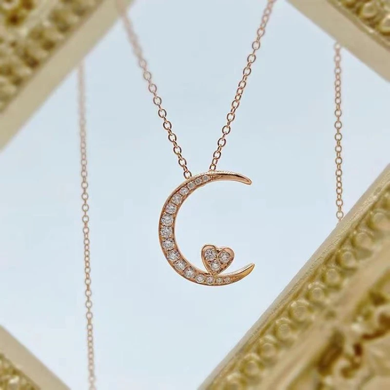 吊坠925银 S925银 新款简约气质爱心月亮锁骨链 月亮桃心吊坠链女
