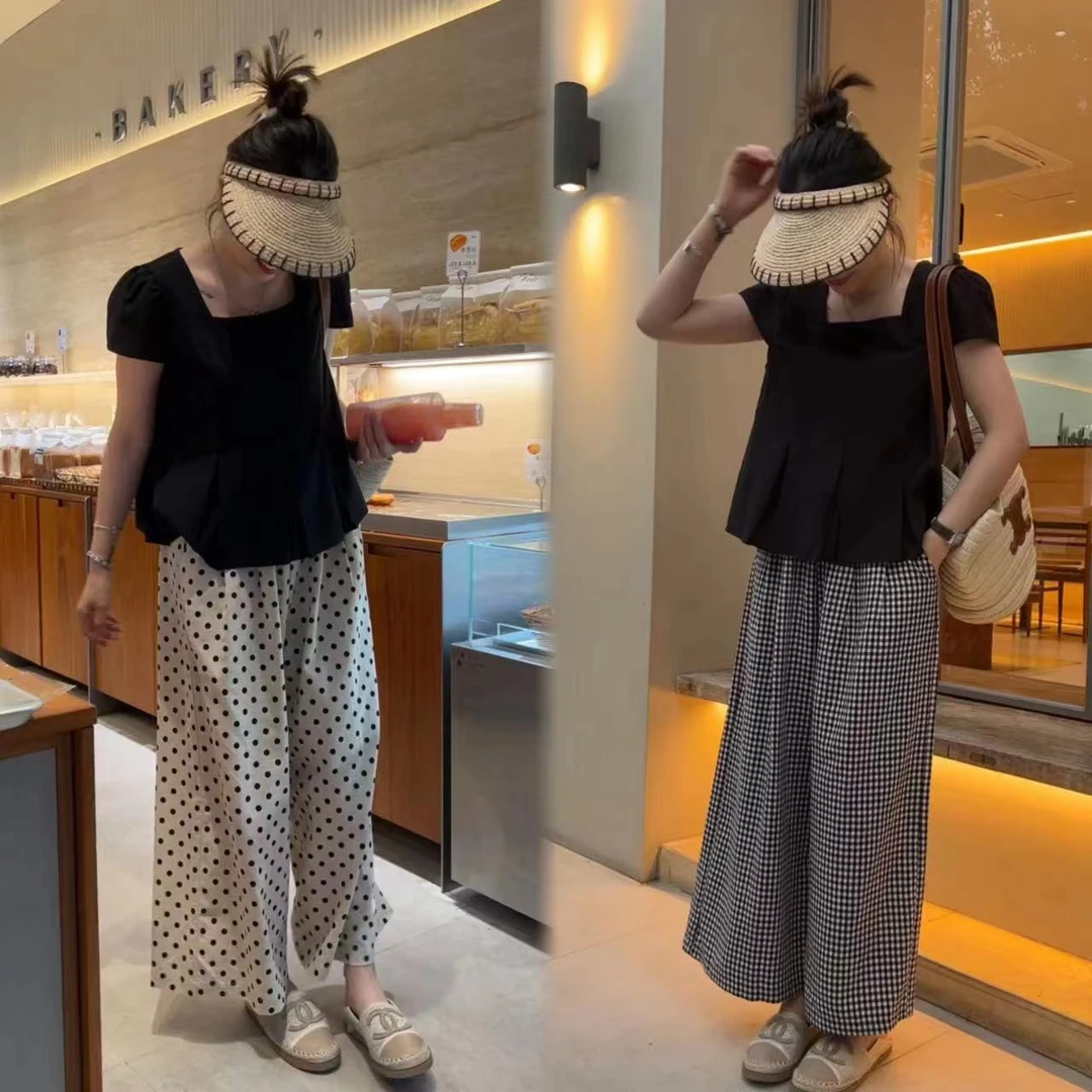二姐的宝藏夏季韩版时尚气质衬衣格子波点阔腿裤套装#24122