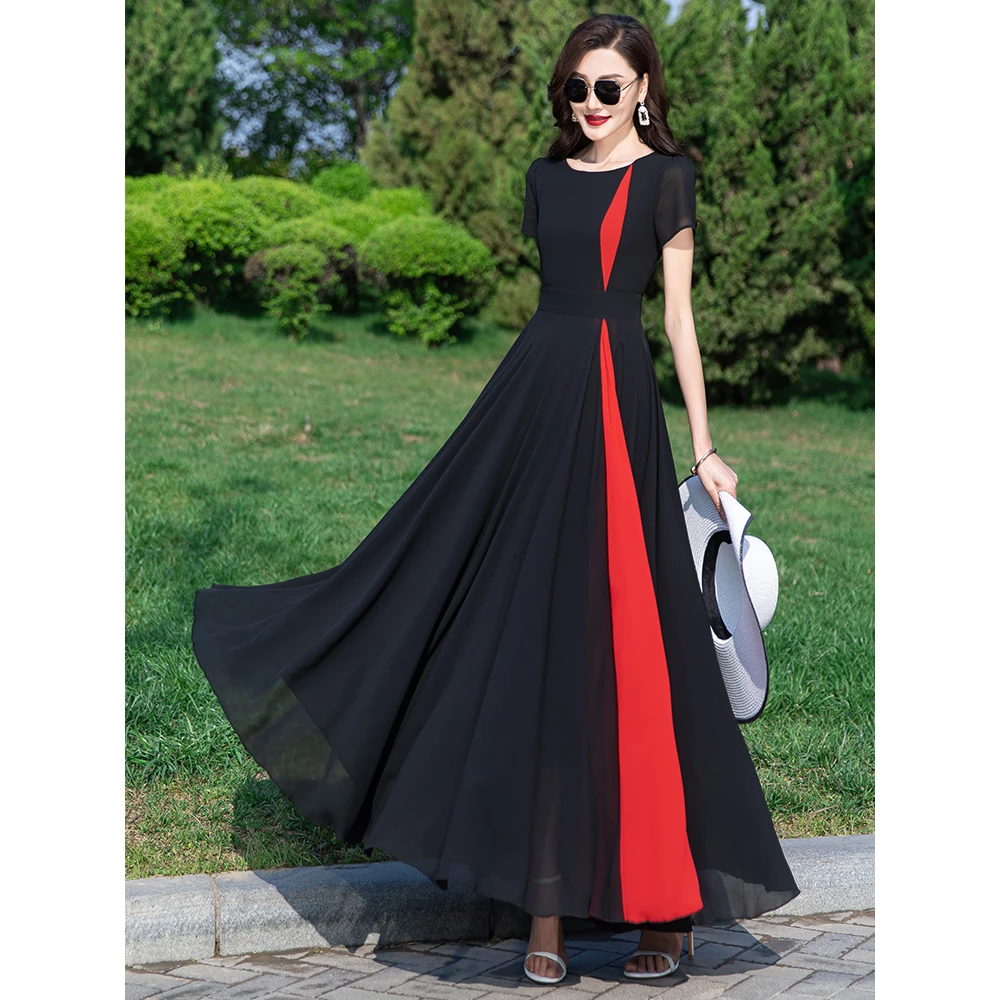 雪纺拼接连衣裙女高级感2025夏季新款时尚长款大摆显瘦长裙到脚踝