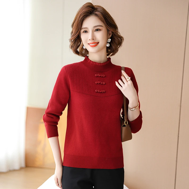 妈妈冬装针织打底半高领蕾丝一体绒毛衣加绒保暖63947