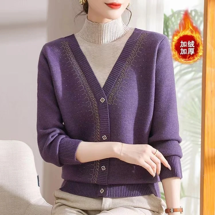 妈妈装秋冬加绒加厚半高领毛衣一体保暖上衣洋气针织衫8852