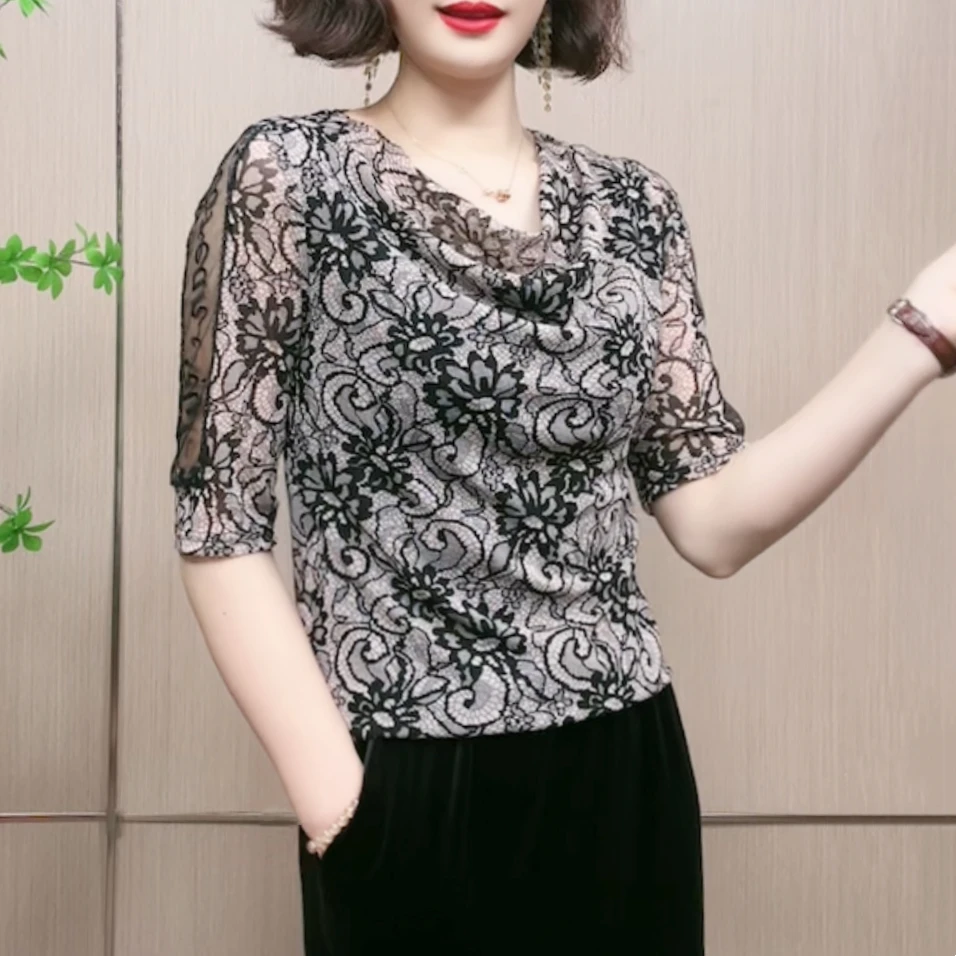 高档印花弹力网纱小衫妈妈洋气大码宽松兜兜领显瘦气质 女t恤中袖