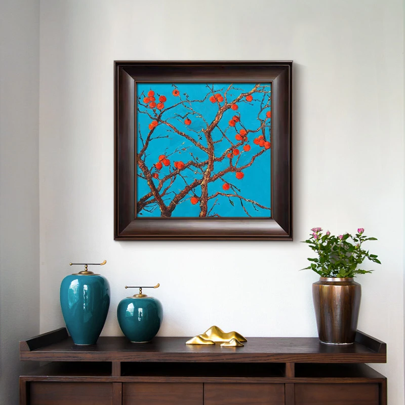 u作【柿柿如意】中古风新中式古典手绘油画玄关客厅挂画柿子画