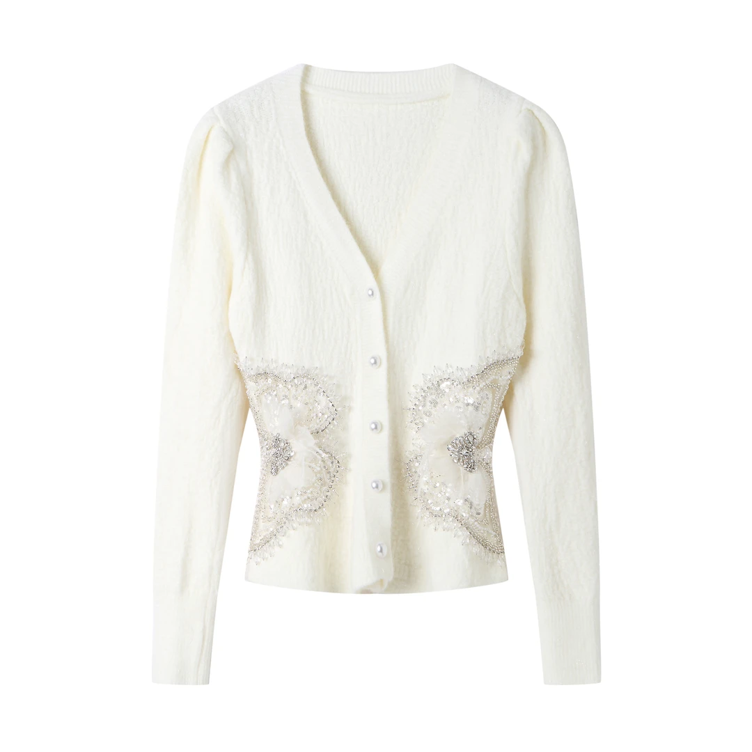 【设计师品牌】ins风重工钻饰亮片网纱蝴蝶收腰针织上衣