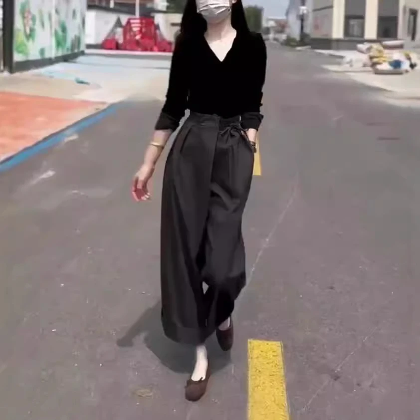 24682时尚气质潮流秋季新款时尚V领长袖T恤休闲阔腿裤洋气显瘦