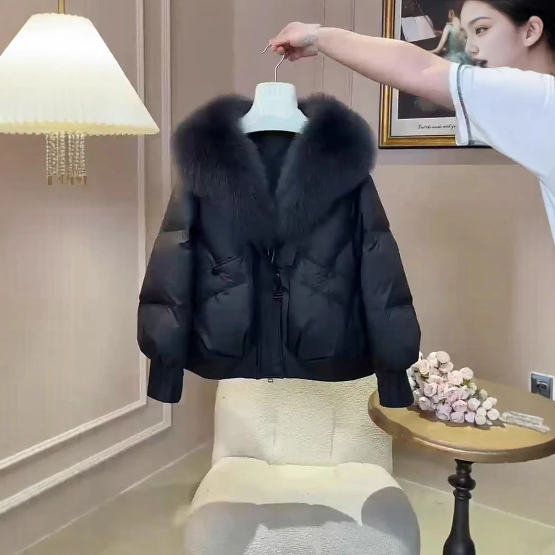 241077时尚气质潮流24冬季新款时尚宽松黑色加厚保暖棉服毛领洋气