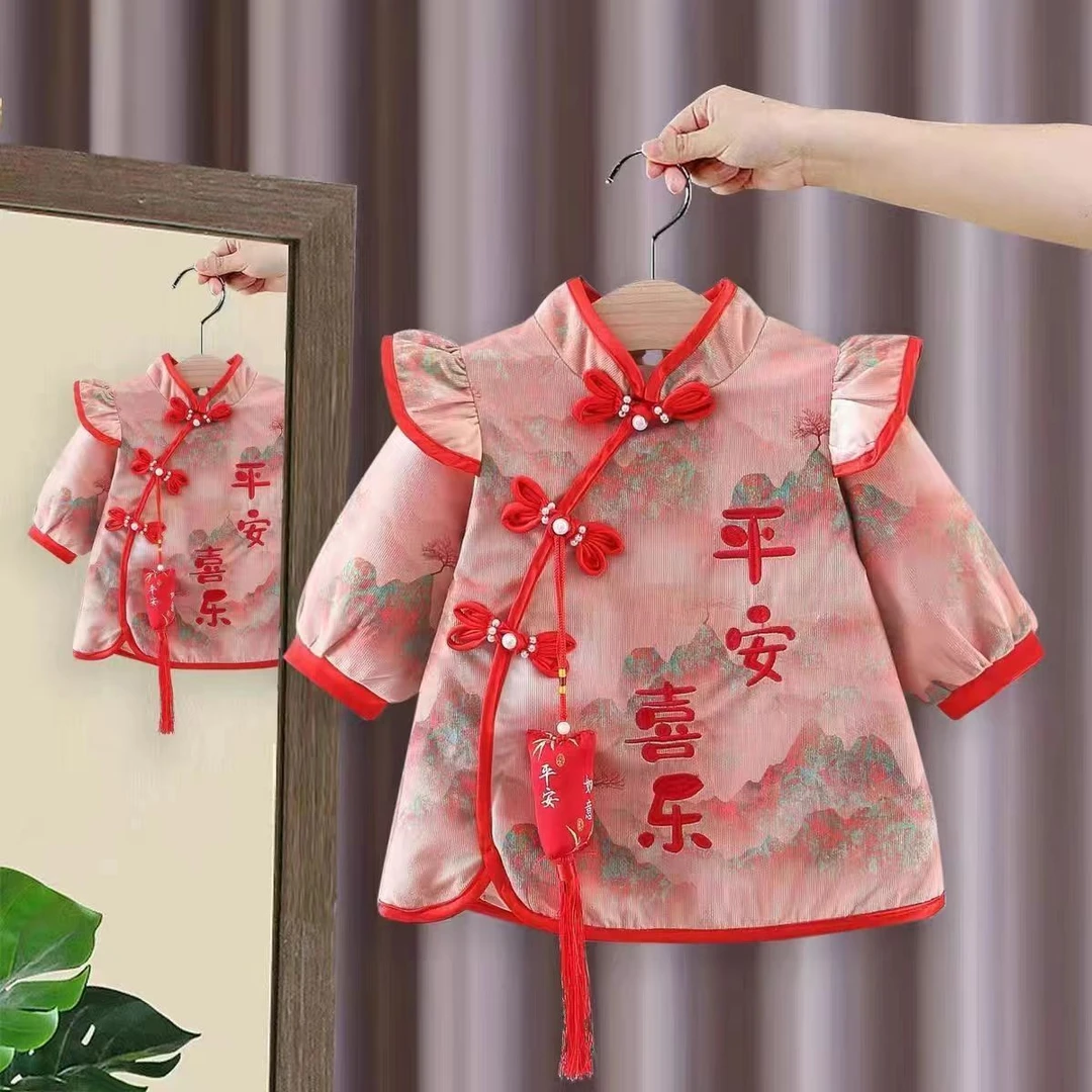 旗袍中式加绒裙子国风新款洋气儿童拜年服公主宝冬装小童喜庆婴儿