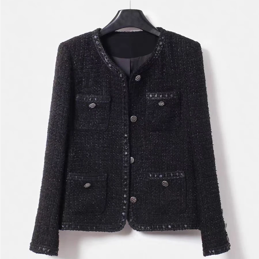 068小香风外套气质长袖轻奢短款时尚百搭黑色粗花呢