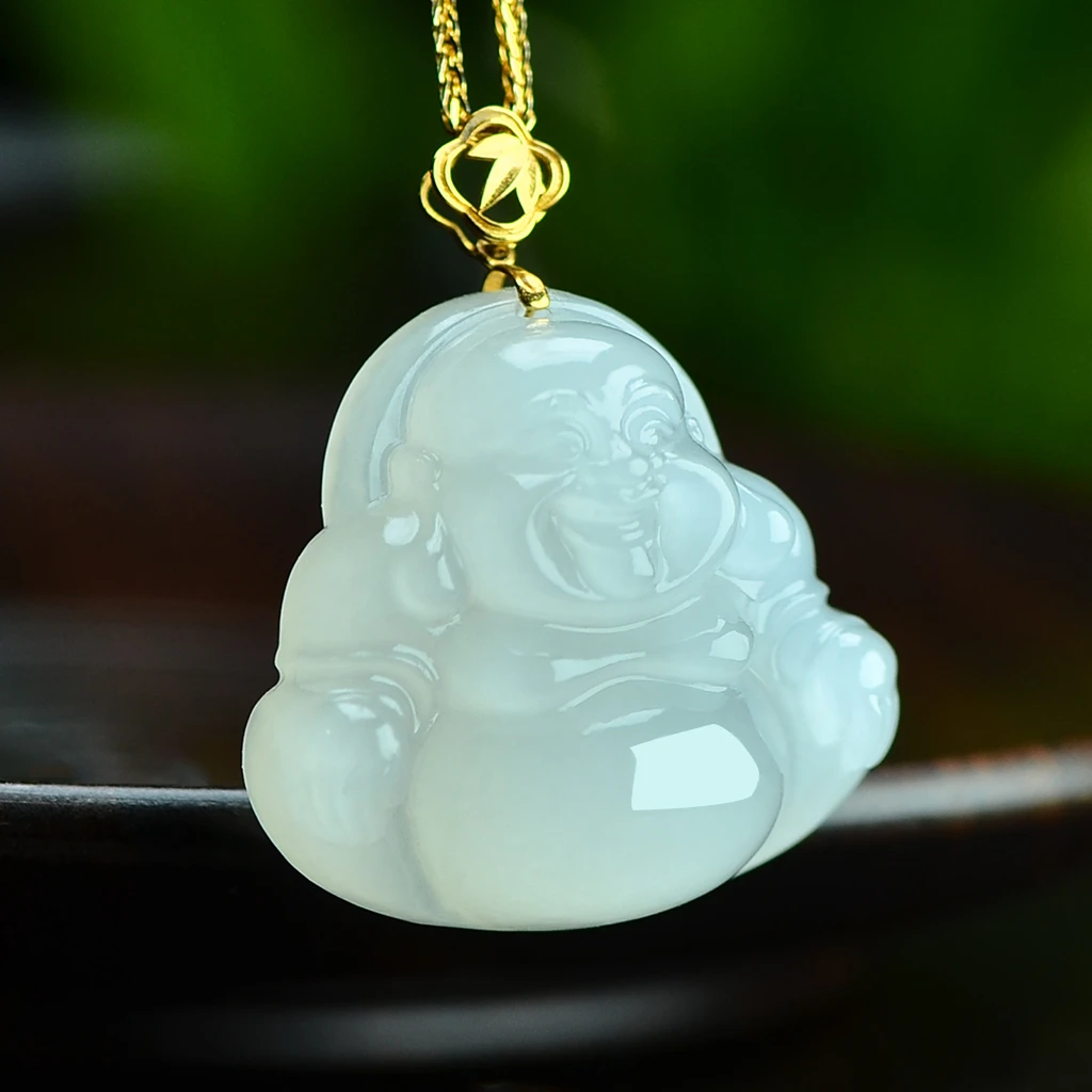 正宗和田玉羊脂白玉吊坠25mm大肚弥勒佛公笑佛项链18K金高端女款