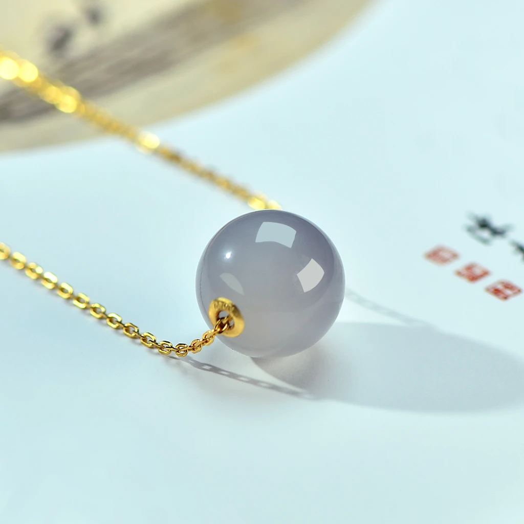 天然和田玉烟紫路路通圆珠转运珠18K金吊坠12mm气质女款简约项链