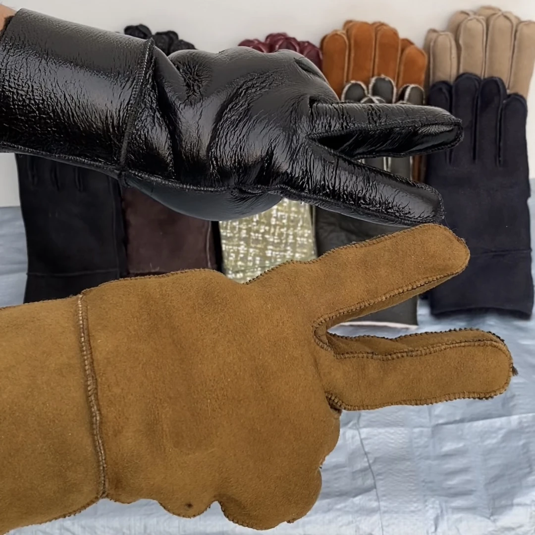 印玺缘皮毛一体手套冬季加厚五指手套男款女款护手神器时尚皮手套