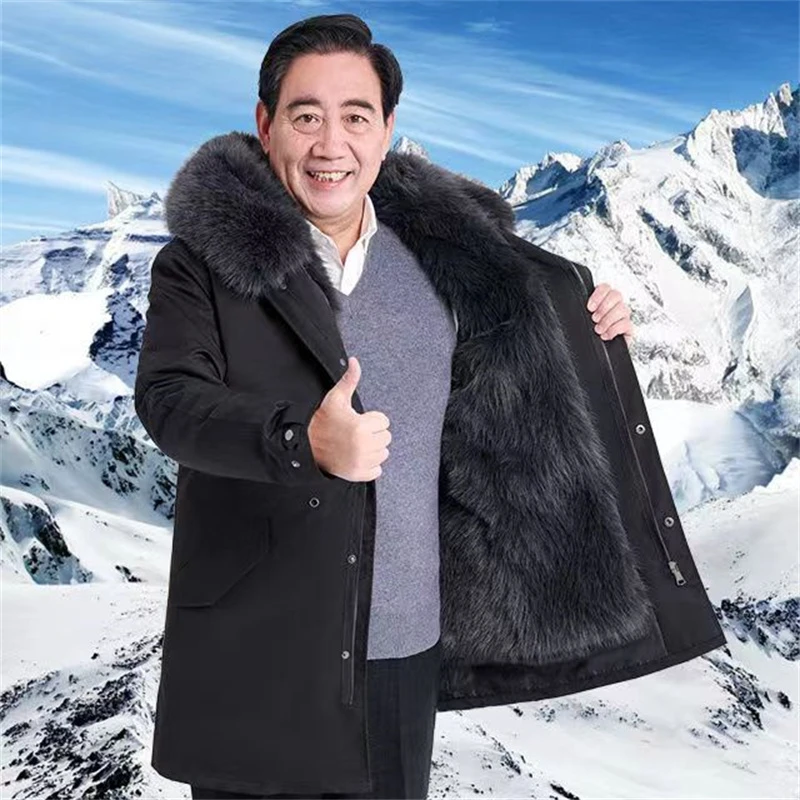 男士中老年爸爸装派克服可拆卸高档外套中长款保暖加厚款防寒冬装