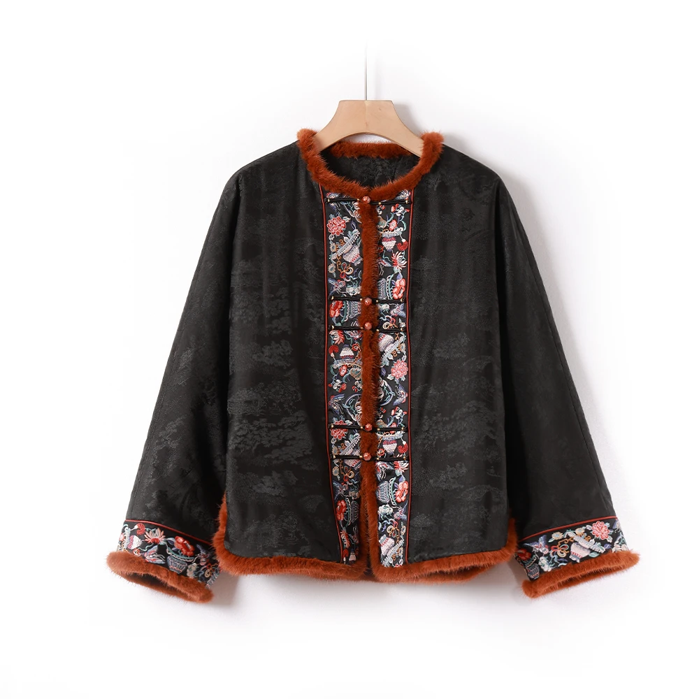 香云纱重缎提花刺绣水貂加厚棉服24Q119